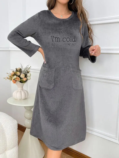 Women's Warm Fleece Nightgown - Soft Long Sleeve Velvet Home Dress for Autumn & Winter