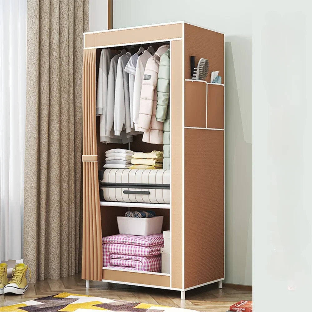 Minimalist Fabric Wardrobe - Foldable Plastic Storage Cabinet with Curtains and Clothing Hanger, Dust-Proof Design