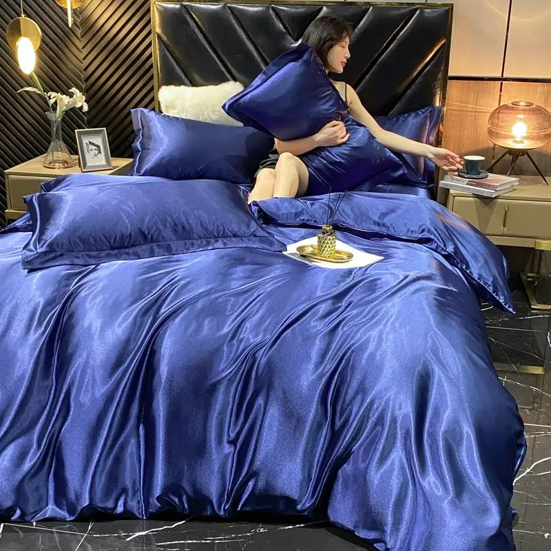Solid Rayon Silk Bedding Set - Luxury Satin Duvet Cover Bed Sheet Pillowcase Set For King Single Double Couple Beds