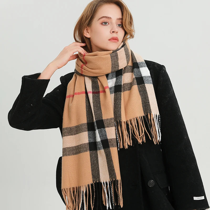 Luxury Brand Winter Plaid Cashmere-Like Blanket Scarf - Thick Warm Pashmina Shawl Wrap with Tassels, Poncho Stoles Echarpe