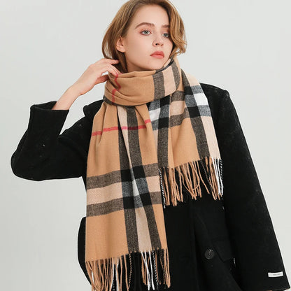 Luxury Brand Winter Plaid Cashmere-Like Blanket Scarf - Thick Warm Pashmina Shawl Wrap with Tassels, Poncho Stoles Echarpe