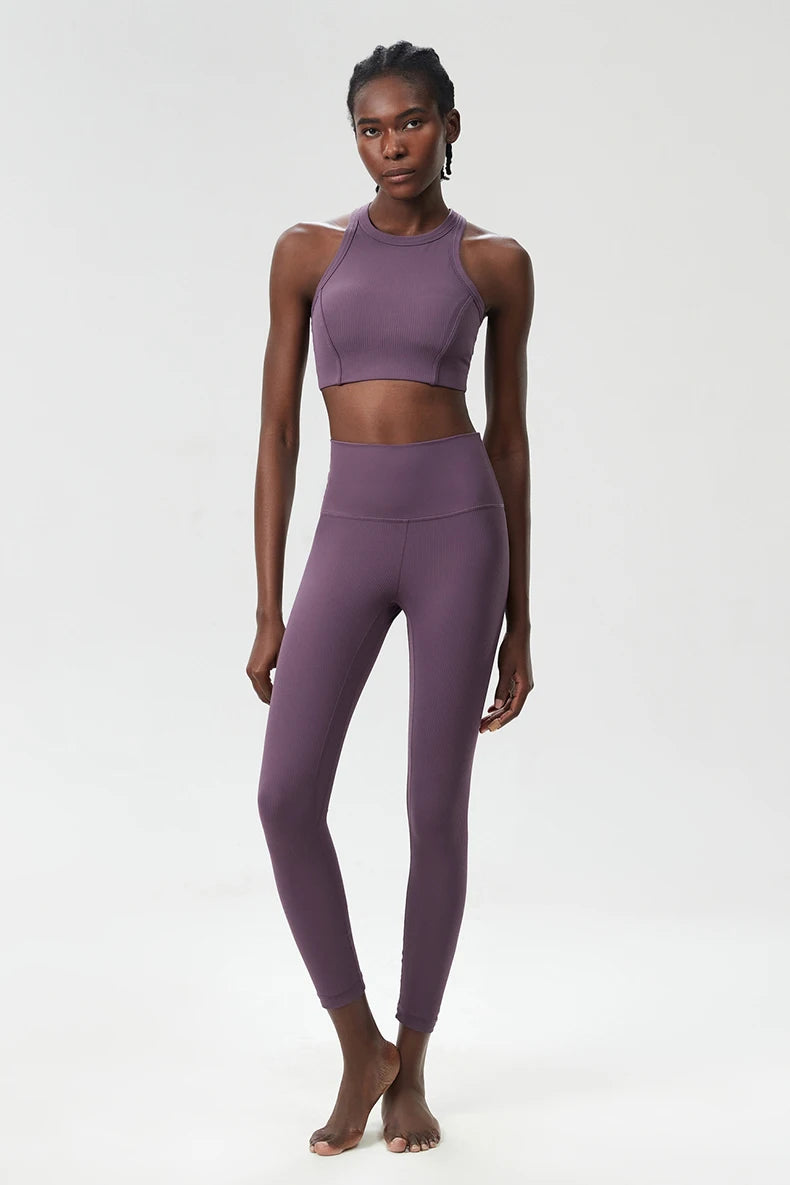 3PCS Women’s Fitness Yoga Set – Solid Color Ribbed Long Sleeve Top & High Waist Leggings, Breathable Workout Sportswear