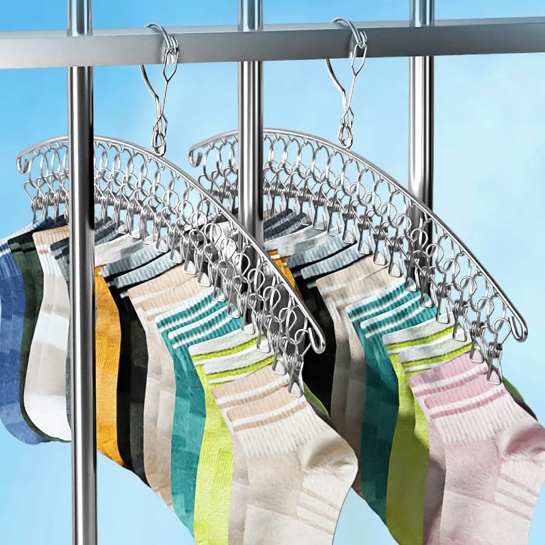Stainless Steel Clothes Drying Hanger - 10/20 Pegs Windproof Clothing Rack with Clips - Laundry Airer for Underwear and Socks