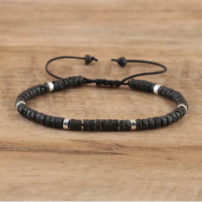 Natural Blue Emperor Stone Beaded Bracelet – Polished Block Beads, Adjustable Woven Rope Women’s Gift Jewelry