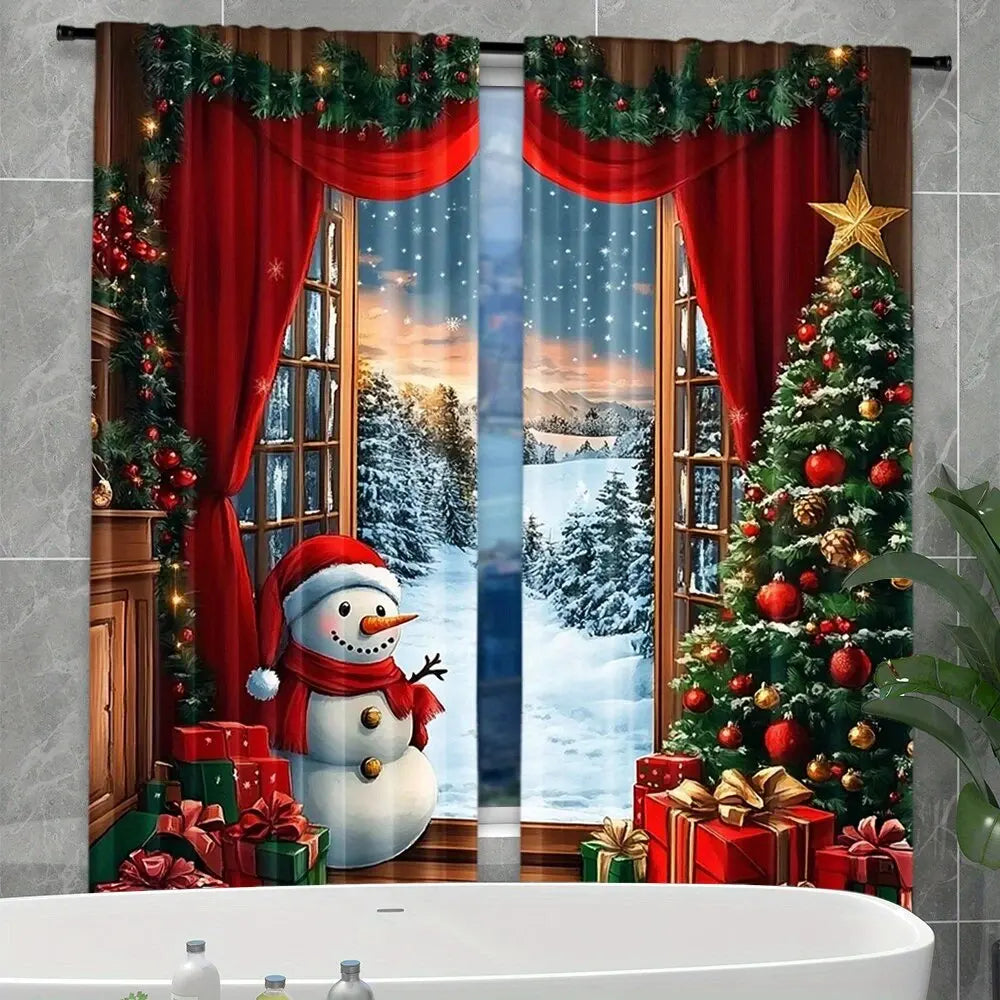 2pcs Santa Claus & Snowman Printed Wood Curtains – Simple Home & Room Decor