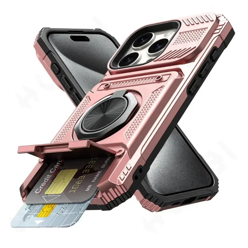 Magnetic Ring Kickstand iPhone Case – Heavy Duty Drop Protection Wallet Cover for iPhone 16/15/14/13/12/11 Pro Max, XS, XR, 8 & 7 Plus
