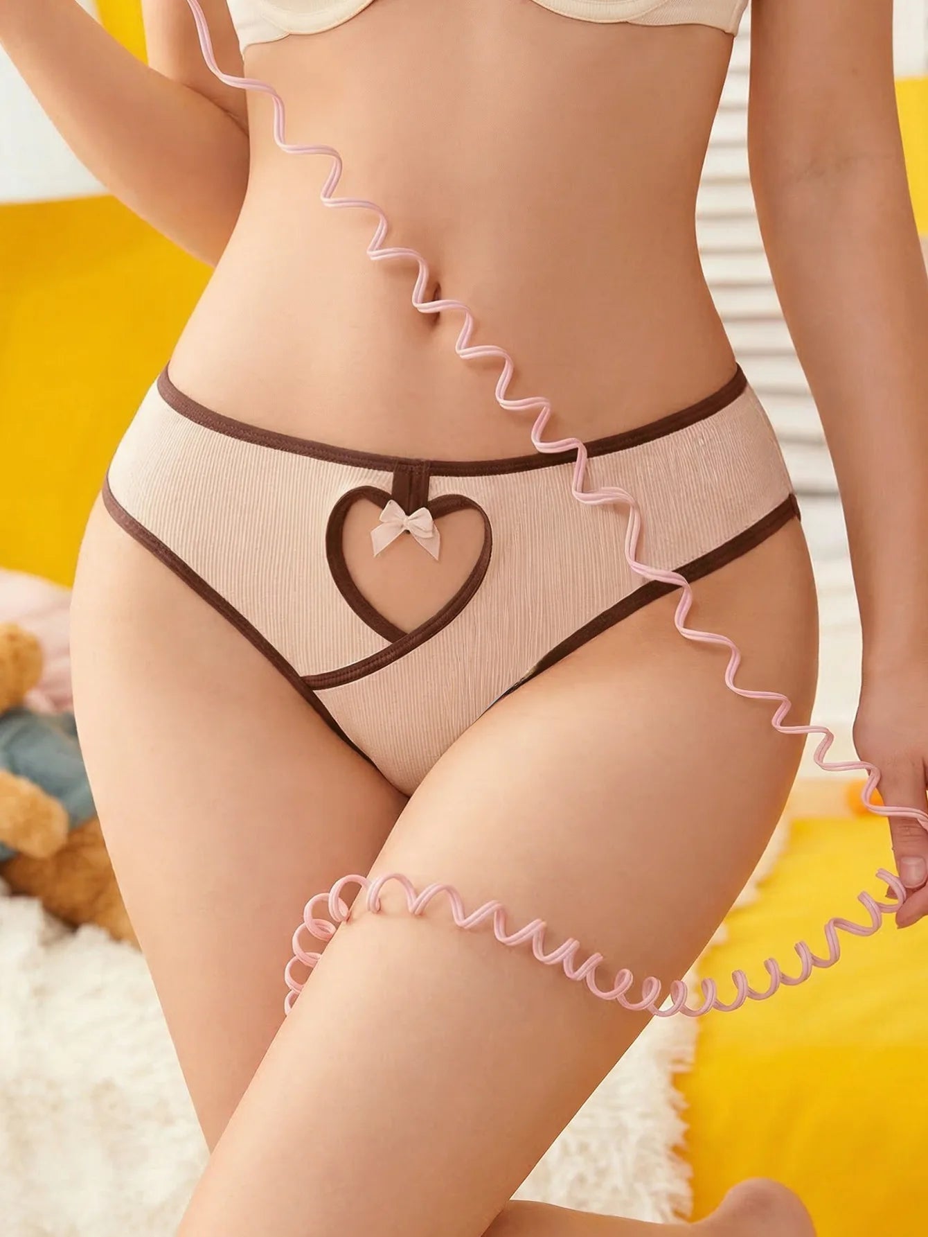 Low Waist Ribbed Women’s Underwear - Breathable Color-Matching Hip Lift Bow Briefs