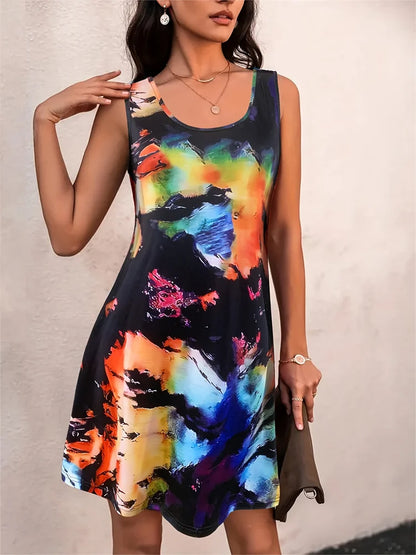 2024 Summer Boho Printed Dress - Women's Sleeveless Casual Holiday Gown O Neck Party Plus Size Fashion Dress