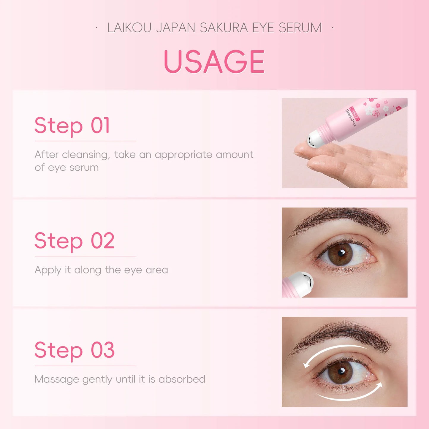 LAIKOU Sakura Eye Serum Roller — Hyaluronic Acid Moisturizing Cream for Eye Bags & Dark Circles, 15ml