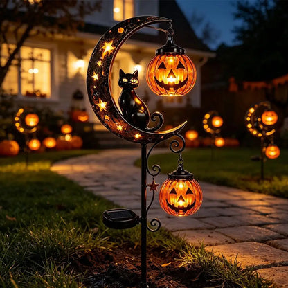 Halloween Garden Stake Light - Black Cat & Pumpkin Moon Outdoor Waterproof Metal Decor