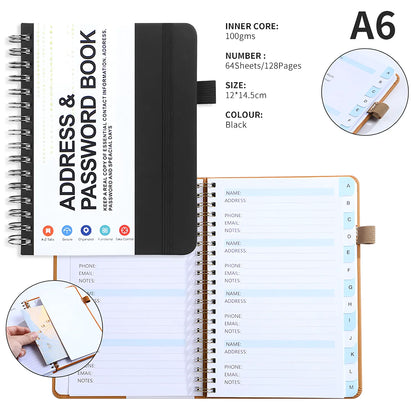 A6 Password Book with PP Coil – English Address & Password Organizer, Thick Horizontal Notebook for Office Use