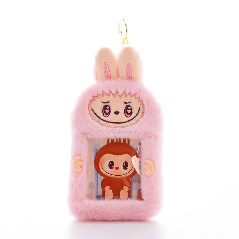 Kawaii Labubu Fluffy ID Card Keychain – Cartoon Sliding Card Holder for Students, Meal & Bus Cards, Cute Photo Album Gift for Kids