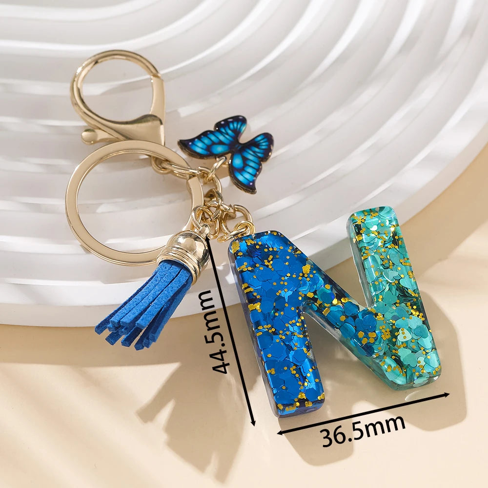 Royal Blue Butterfly Initial Keychain - Alloy Alphabet Letter & Tassel Backpack Charm