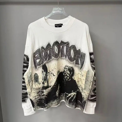 MIXED EMOTION Alien Print Long Sleeve T-Shirt - Unisex Oversized Hip Hop Crewneck Top