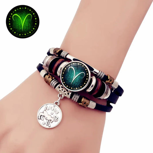 Starry Sky Zodiac Luminous Leather Bracelet - Multi-Layered Beaded Snap Closure for Men & Women, Friendship Bracelet