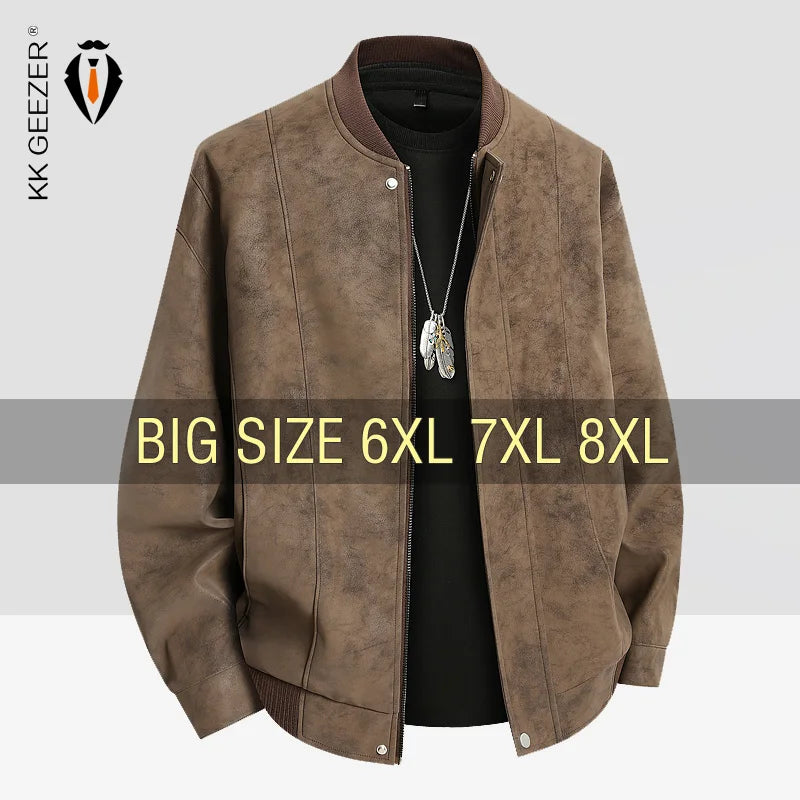 Men’s Suede Leather Jacket - Waterproof Oversized Moto Windbreaker Coat in Plus Sizes