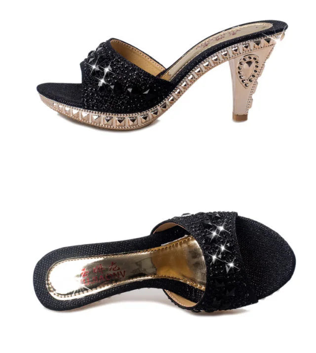 Women’s Summer Rhinestone High Heel Sandals – Sexy Gold & Silver Heeled Shoes