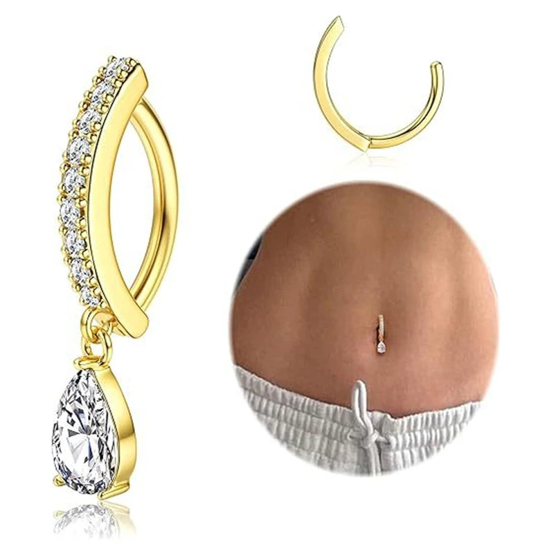 Stainless Steel Crystal Belly Button Ring - Fashion Drip Clicker Navel Piercing Jewelry for Women