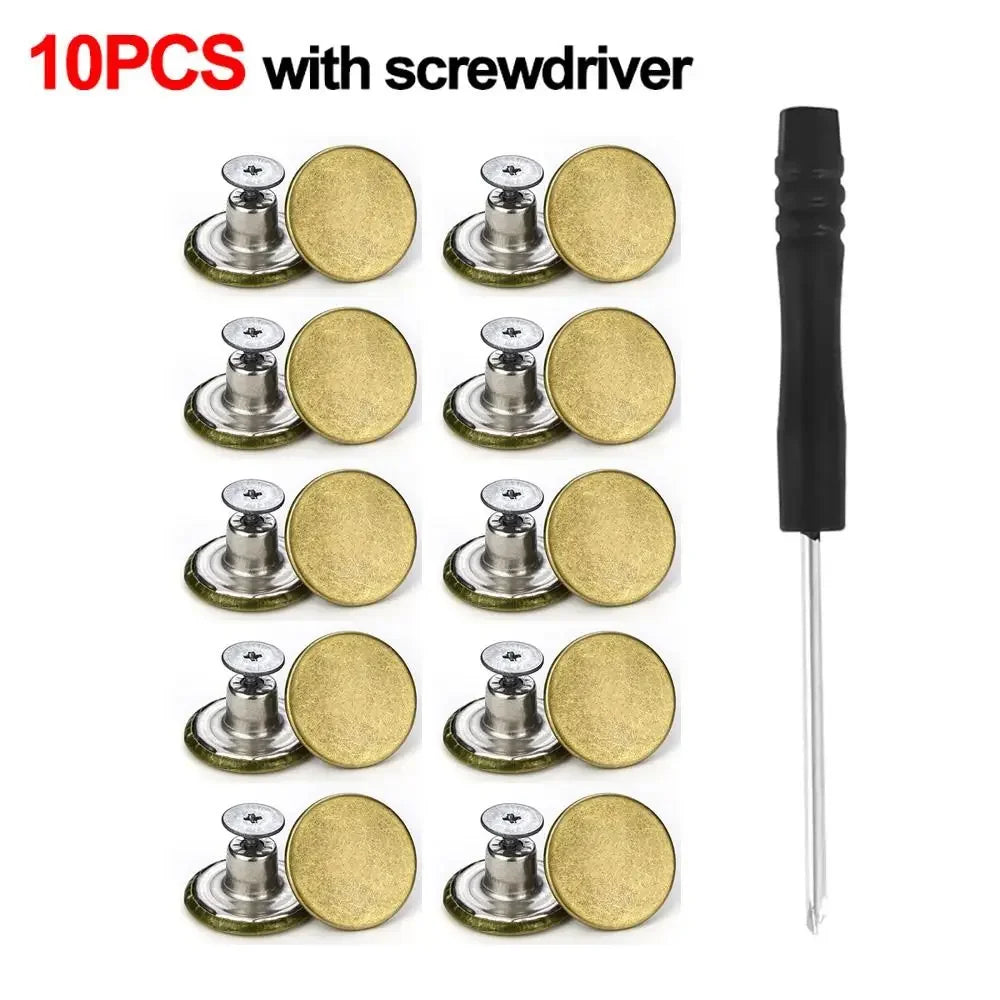 10Pcs 17mm Metal Jeans Buttons – No-Sew Screw Replacement Repair Kit for Pants & Denim