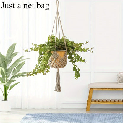 Boho Macrame Plant Hanger – Cotton Rope Woven Basket with Net Pouch for Indoor & Outdoor Hanging Succulents