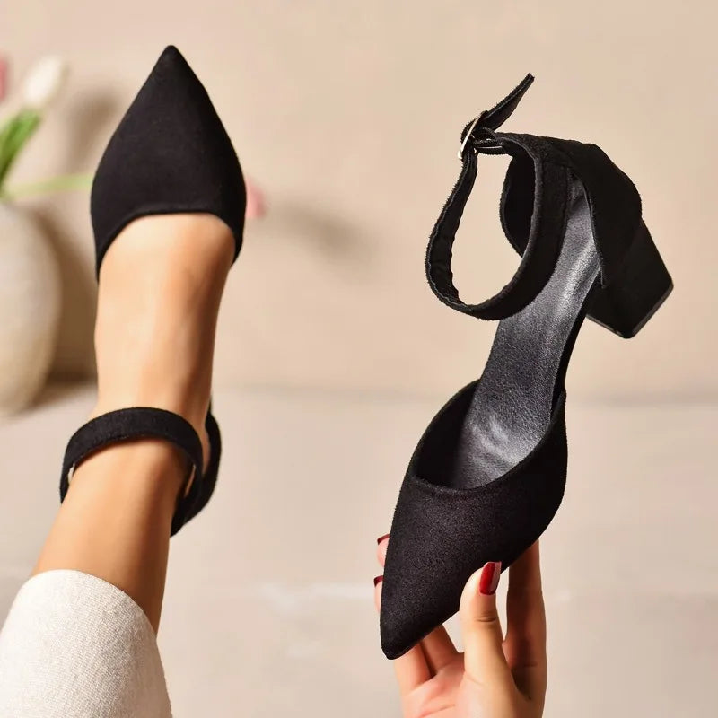 2025 Women’s Pointed Toe Hollow Single Strap Shoes – Autumn Suede Anti-Slip Wear-Resistant High Heels