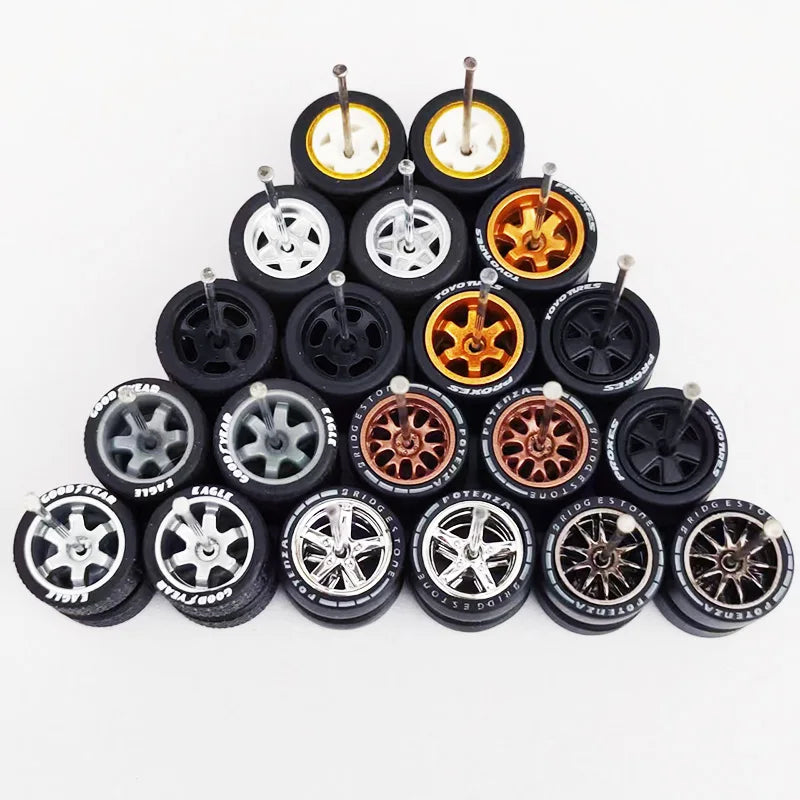 1:64 Alloy Car Wheels & Rubber Tires Set - Replacement Axles for Hot Wheels, Matchbox & Model Cars