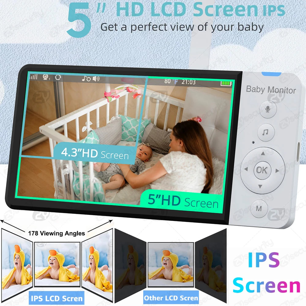 5'' IPS Screen Pan-Tilt-Zoom Video Baby Monitor – 30H Battery, 2-Way Talk, Night Vision, Temperature Sensor & Lullabies, SD Card Support Baby Camera