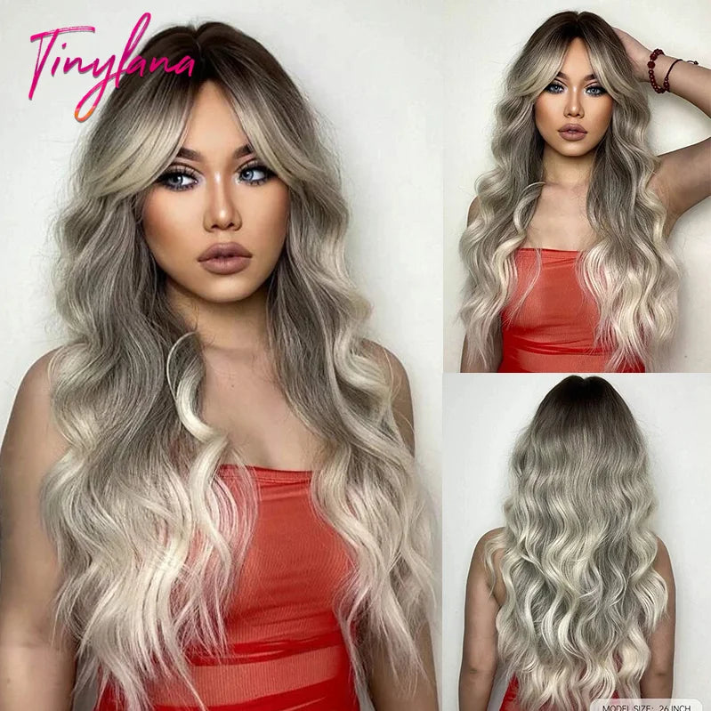Super Long Curly Wavy Brown Synthetic Wig with Bangs – Heat-Resistant Afro Style for Cosplay, Party, Halloween, White Women
