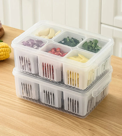 Refrigerator Storage Box – 4/6 Grid Clear Crisper for Fruits, Vegetables & Meat