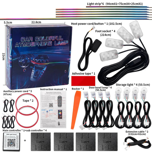 10/14/18-in-1 LED Car Ambient Lights – 213 64 Color RGB Bluetooth Rainbow Acrylic Strips, Atmosphere Lamp Kit 12V
