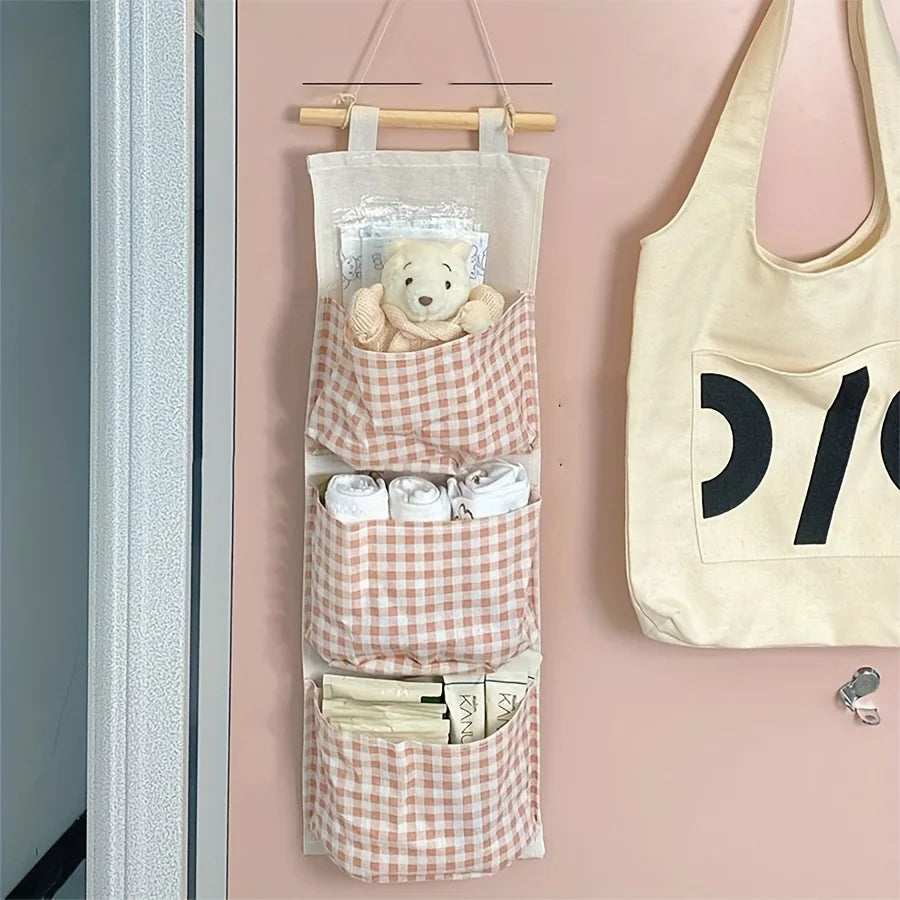 Pink Wall Storage Bag Rack - Canvas Hanging Organizer for Books, Jewelry & Bedroom Accessories