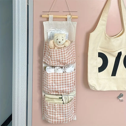 Pink Wall Storage Bag Rack - Canvas Hanging Organizer for Books, Jewelry & Bedroom Accessories