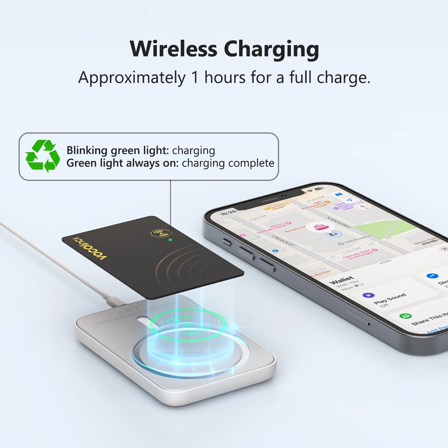 VOCOlinc Wireless Charging Bluetooth Smart Tag — 1/2PCS Global Locator & Item Finder Card, Compatible with Find My (iOS Only)