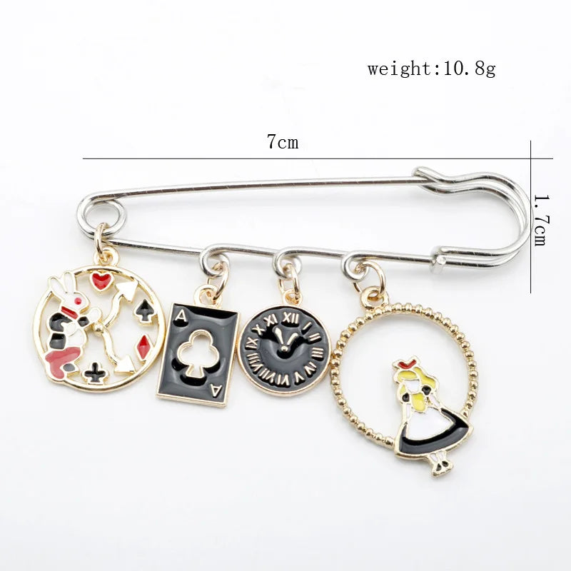 Alice in Wonderland Brooch - Cute Enamel Rabbit, Clock and Poker Shape Pins for Bags, Hats and Clothing