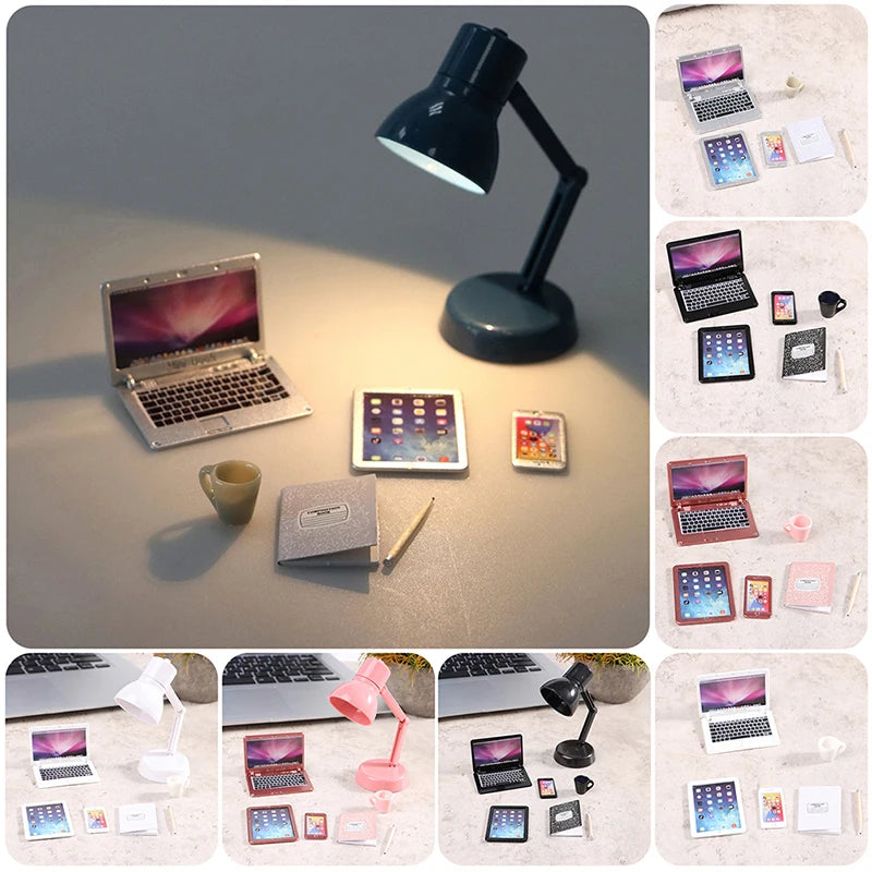 6–7PCS 1:12 Dollhouse Miniature Study Desk Set — Laptop, Phone, Tablet, Lamp & Books Scene Decor