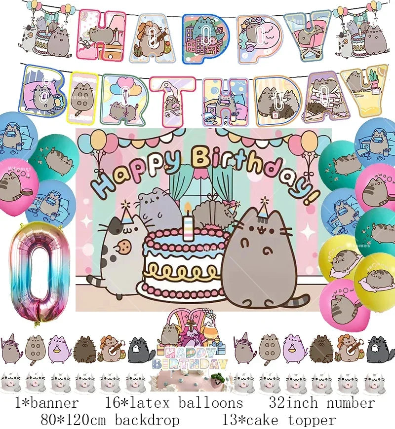 Pusheen Cat Birthday Party Decorations - Cartoon Pet Theme Balloons, Banner, Backdrop, Cake Topper, and Baby Shower Stickers