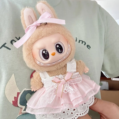 17cm Mini Plush Doll Clothes — Kpop Labubu Idol Outfit with Pink Silk Bow & Princess Gauze Skirt Accessories