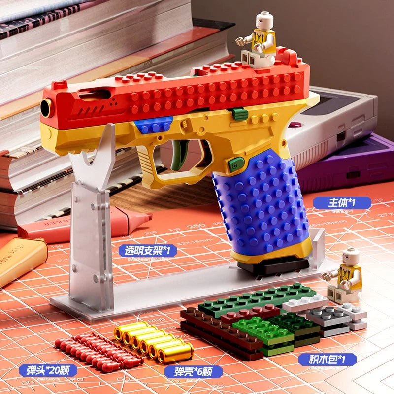 Building Block Shell Ejecting Toy Gun – Blowback Continuous Firing Airsoft Style Pistol for Outdoor Play & Collectors