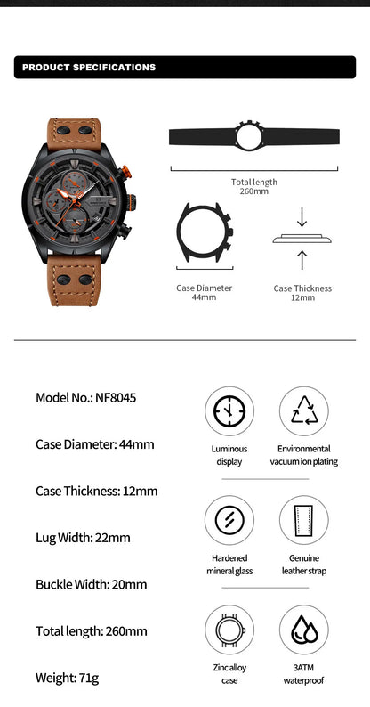 NAVIFORCE Men's Casual Watch – Luxury Waterproof Chronograph Quartz Wristwatch with Genuine Leather Strap