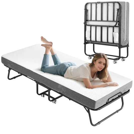 Twin Size Foldable Metal Bed Frame with Foam Mattress – Rollaway Space Saving Guest Bed with Lockable Wheels (75”x31”)