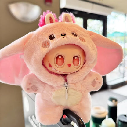 Cute Pink Rabbit & Elephant Jumpsuit for Labubu V1–V2 Dolls – Fun Animal Outfit & Accessories