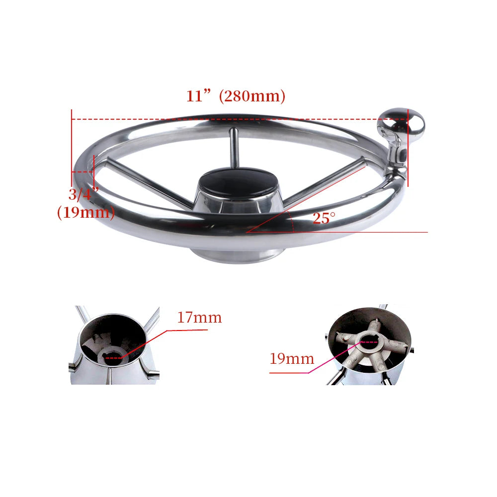 11" Stainless Steel 5-Spoke Boat Steering Wheel with Knob | 25° Marine Yacht Accessory