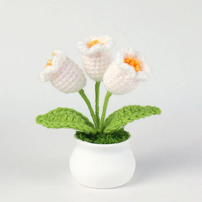 Handmade Crochet Bell Orchid in Pot – Knitted Artificial Flower with Light for Desktop & Easter 2025 Decor