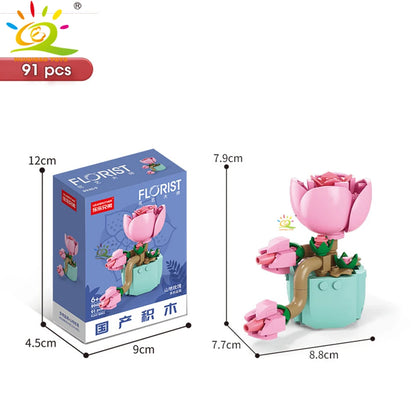 HUIQIBAO MOC Flower & Succulent Potted Building Block Set – DIY Eternal Bouquet, Home Desk Plant Decor, Girls & Kids Toy Gift