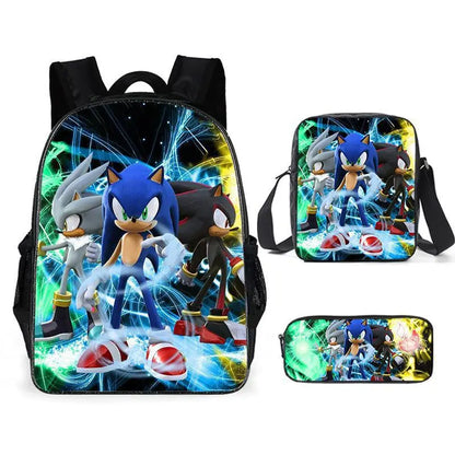 3PC Sonic Backpack School Bag Set – Anime Cartoon Zipper Backpack for Boys & Girls, Primary and Middle School Students