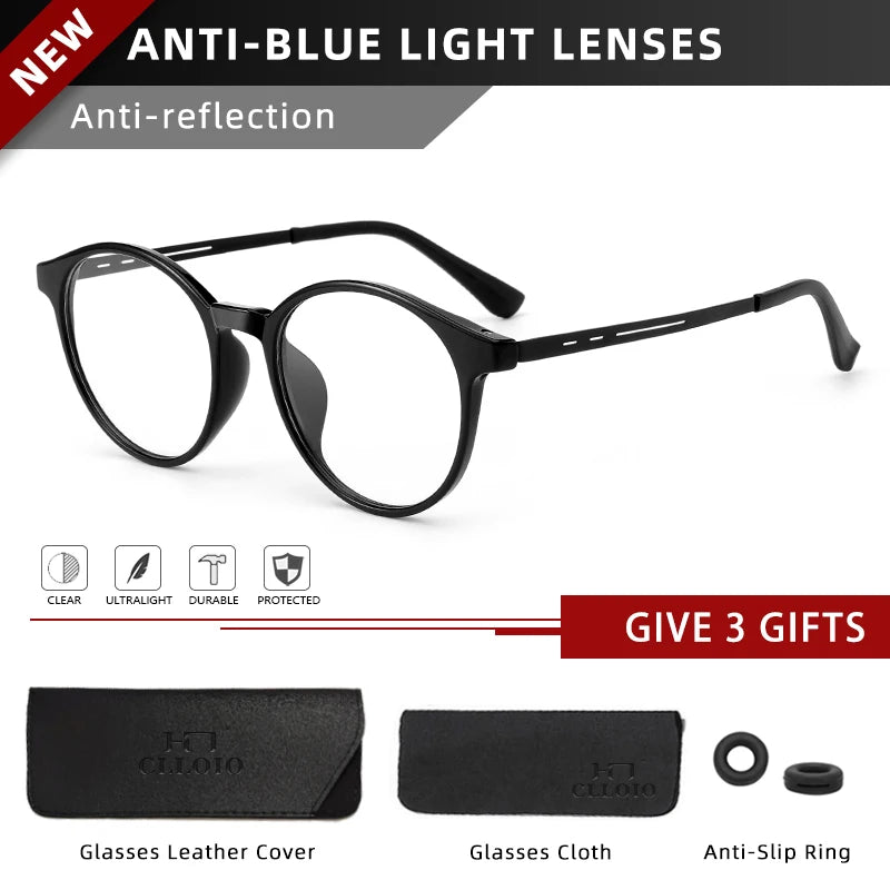 CLLOIO Ultra-Light TR90 Round Blue Light Blocking Reading Glasses, Unisex Titanium Frame for Myopia & Hyperopia Prescription Eyewear (+1.56)
