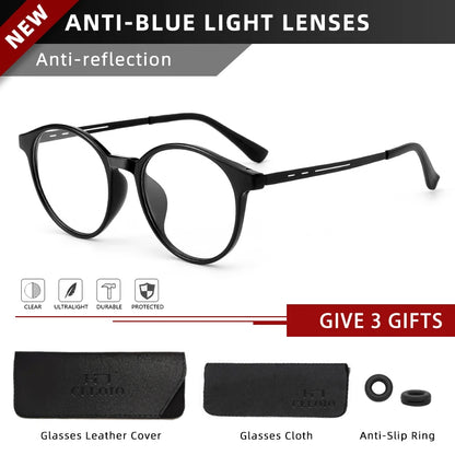 CLLOIO Ultra-Light TR90 Round Blue Light Blocking Reading Glasses, Unisex Titanium Frame for Myopia & Hyperopia Prescription Eyewear (+1.56)