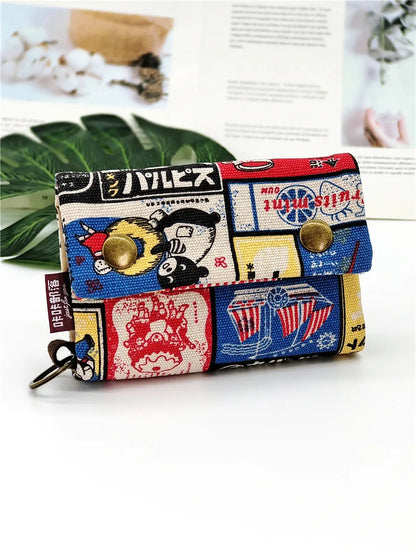 Women’s Canvas Cartoon Card Wallet – Foldable Key Organizer & Coin Purse, Small Pouch Money Bag for Girls 2024