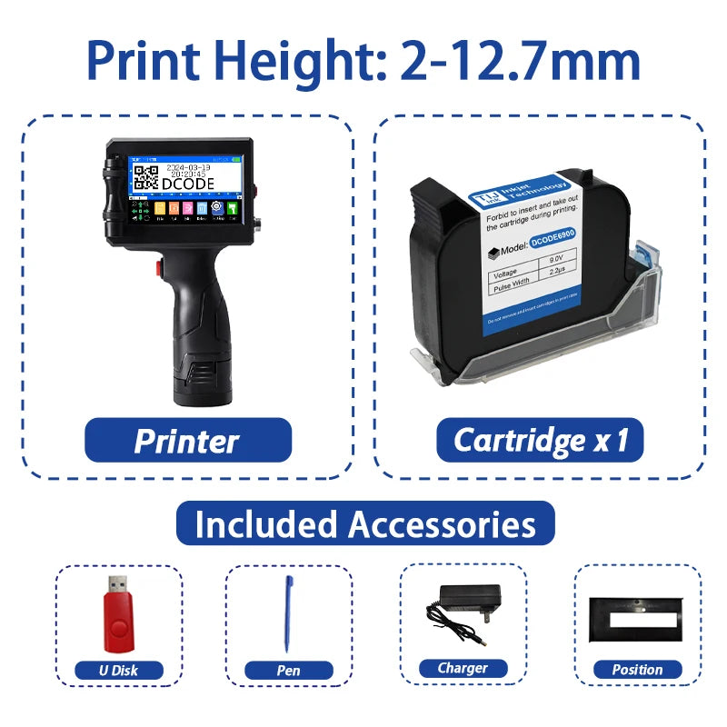 DCODE 1750PLUS Handheld Inkjet Printer – Portable 12.7/25.4mm QR Code, Barcode, Text, Date & Batch Number Printing Machine, Label Coding Device