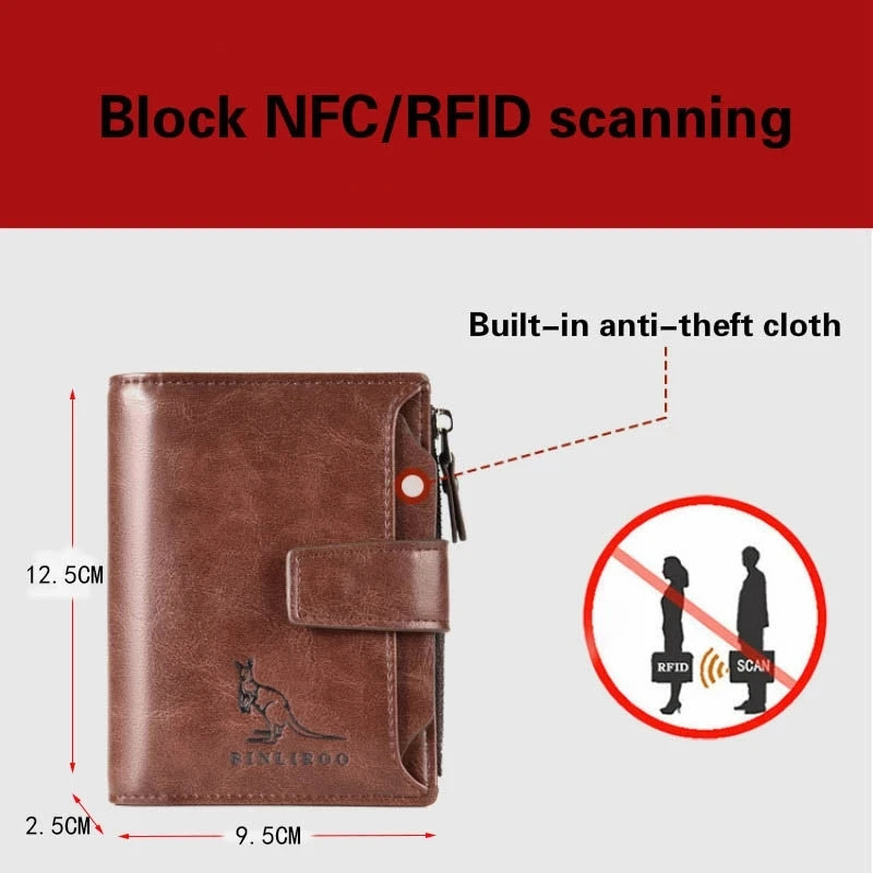 Luxury Leather Men’s Short Wallet – RFID Card Holder with Zipper Coin Purse Portable Billfold
